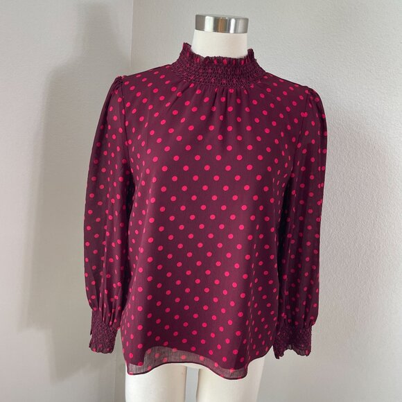 J Crew Womens Small Polka Dot Smocked Chiffon Blouse Long Sleeve Mock Neck Top - Picture 1 of 10